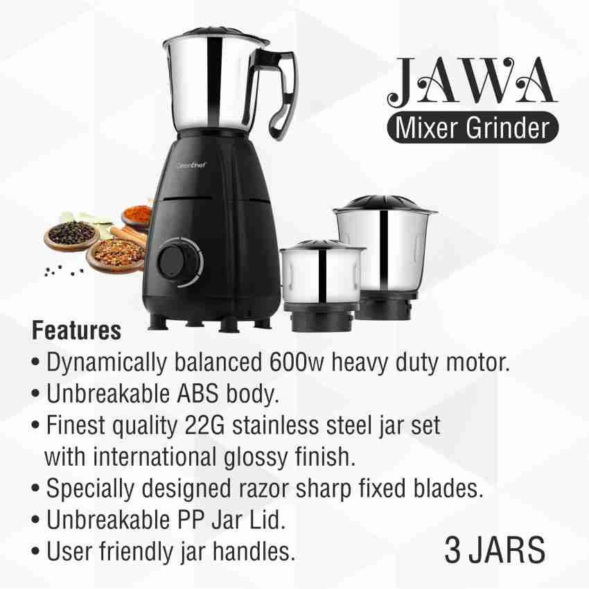 Greenchef JawaBlack 600 Mixer Grinder (3 Jars, Black) Price in India - Buy  Greenchef JawaBlack 600 Mixer Grinder (3 Jars, Black) Online at