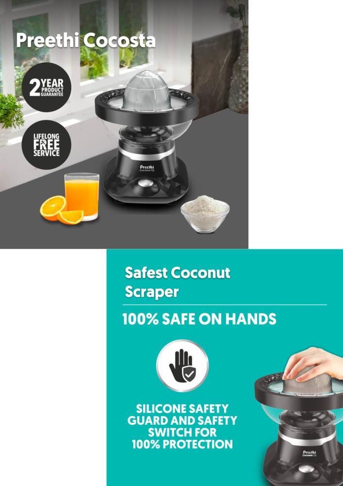 Preethi COCOSTA- Coconut Scraper & Citrus Juicer 100% Safe Dual Protection  Scraper with Safety Switch & Silicon Cap, Spillage Free Collection bowl 