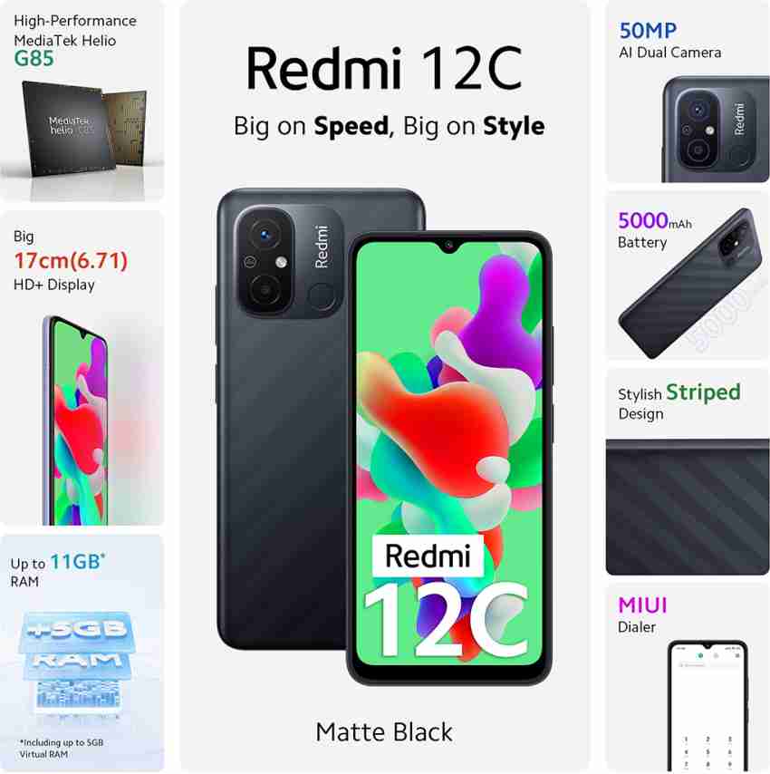 Redmi 12C (Matte Black, 4GB RAM, 64GB Storage), High Performance Mediatek  Helio G85