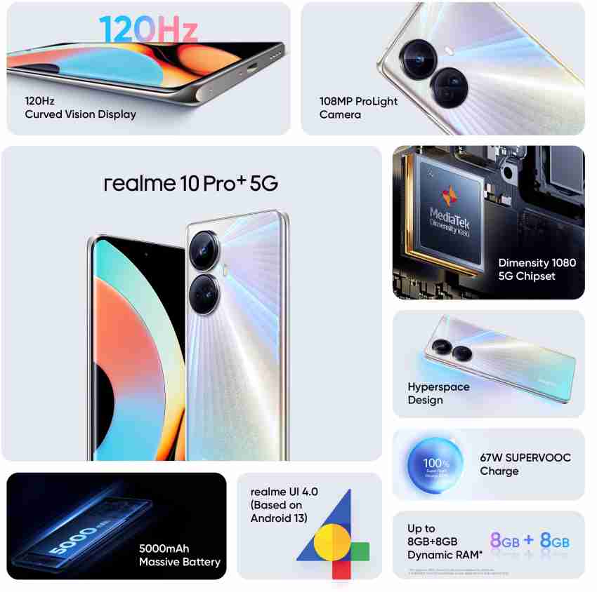 realme 10 Pro Plus + 5G, Carga de 67 W SUPERVOOC + Android 13 + Celular  Android, Procesador Dimensity 920 + Cámara 108 MP + 8+ 128 GB + Hyperspace  : : Electrónicos