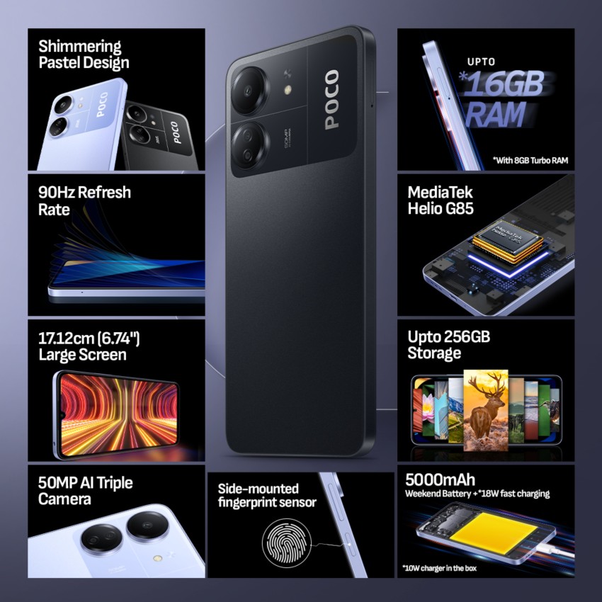 Xiaomi Poco C65 - Smartphone de 6+128GB, Pantalla de 6.74” 90Hz HD+,  MediaTek Helio G85, Triple cámara 50MP+2MP+QVGA, 5000mAh, NFC, Azul  (Versión ES) : : Electrónica