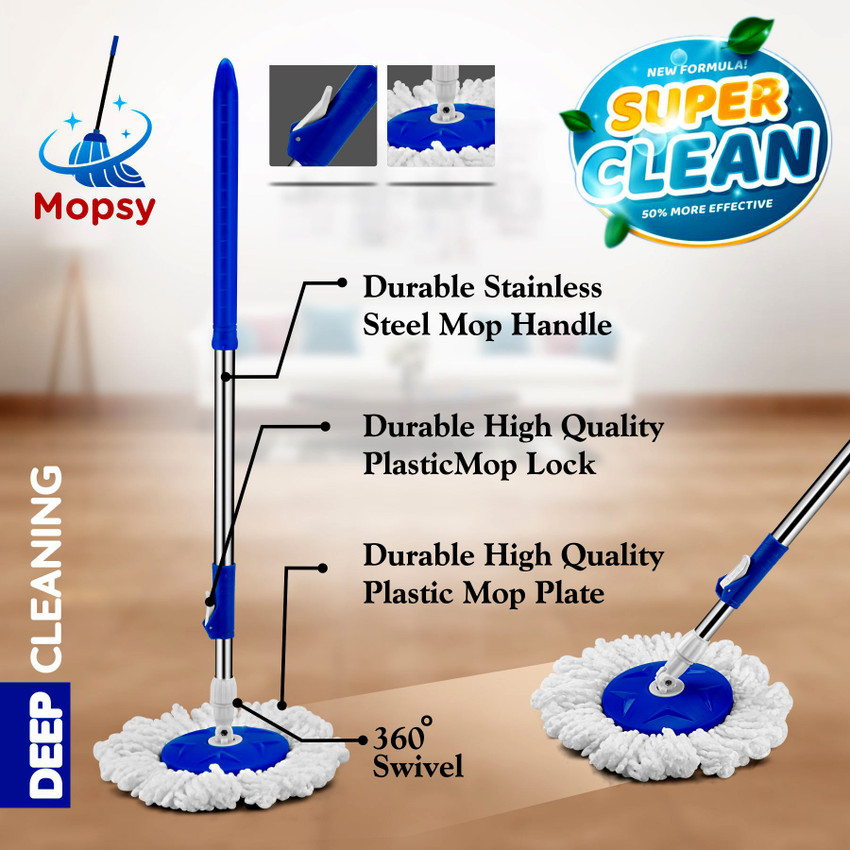 Mopsy Plastic Magic Spin Bucket Mop With 2 Microfiber Refills for