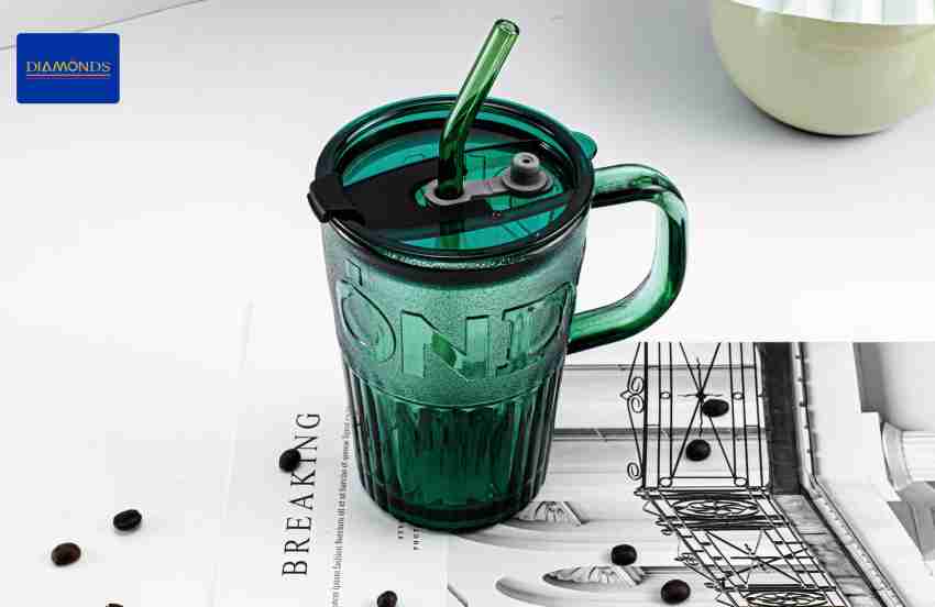 Square Glass Coffee Mugs Pack of 1 Drinking Glasses Sipper with Plastic Lids  and Glass Straws 400ml