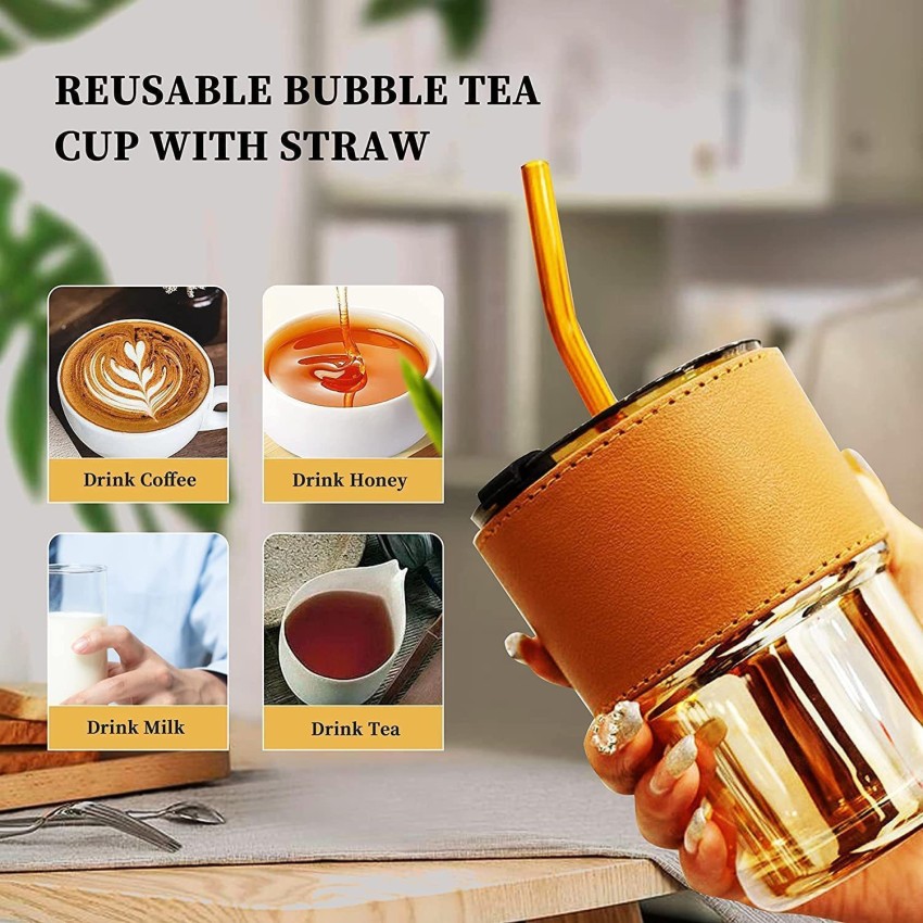 Reusable Straw Smoothie Glass Cup Straw mug Bubble Tea Milk Fruit Drinking  Mug Clear Mason Cup with Wooden Lid