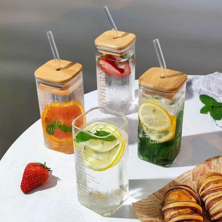 Buy Giyanza Drinking Glasses with Lids and Glass Straw - 400ml Can
