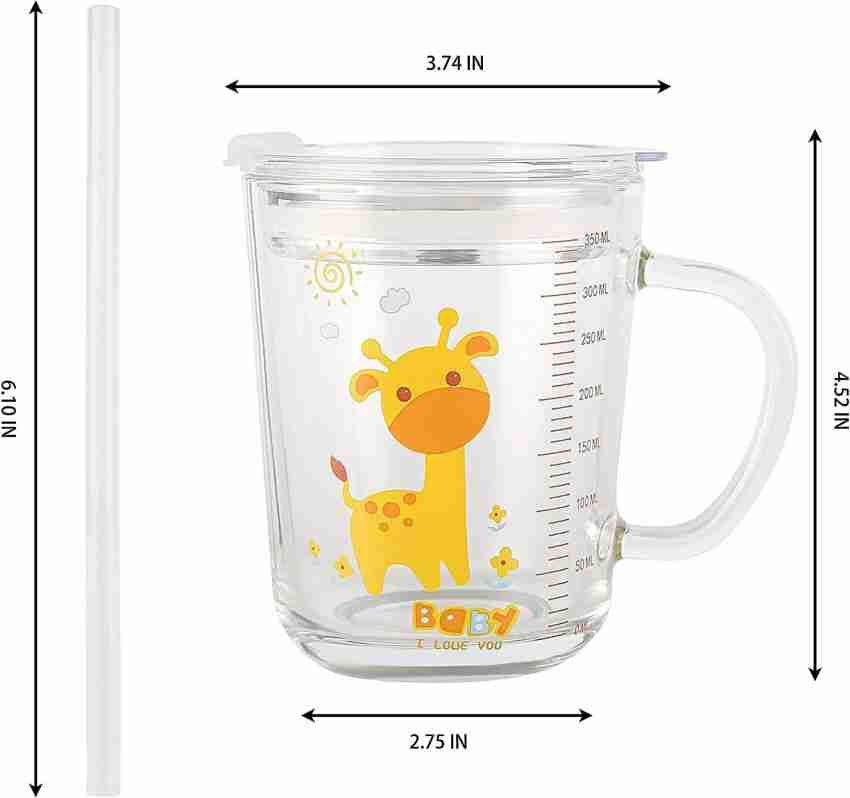 Lexiwells (Pack of 4) Random Design Glass Tumbler with Handle, Clear Lid  with Scale Straw for Multiple Usage Set, Juice Cup, Baby Cup, Milk Mug