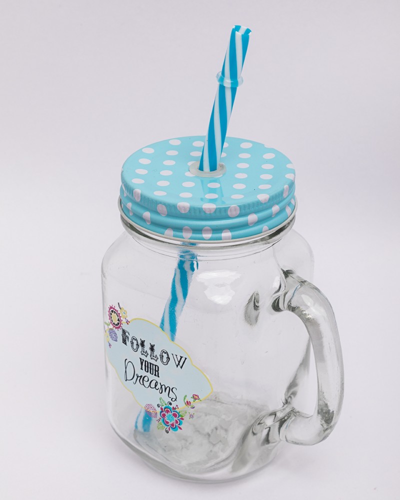 Mason Jar, with Straw & Lid, Blue, Glass, 450 mL - Market 99