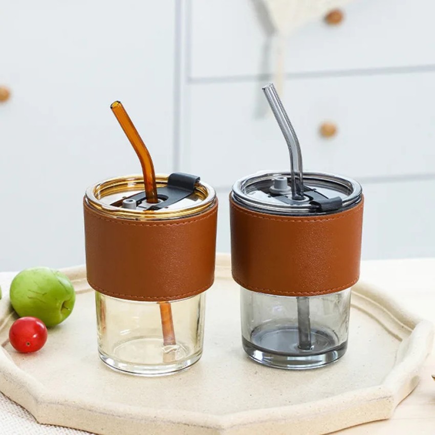 400ml Coffee Cup Glass Mug Cups With Lids and Straws Leak-proof