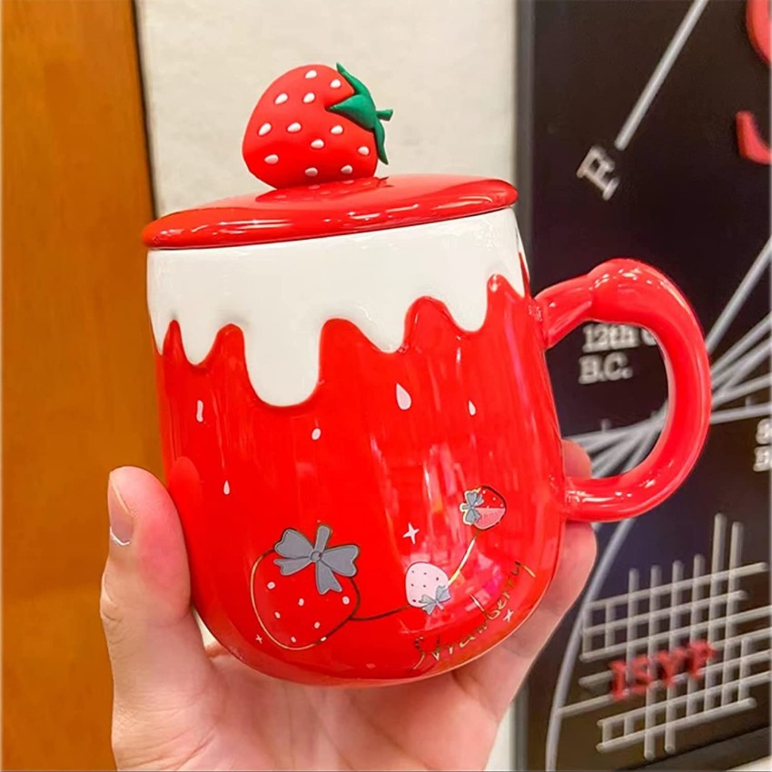 Cute Fruit Ceramic Cup Straw, Cute Strawberry Coffee Mug