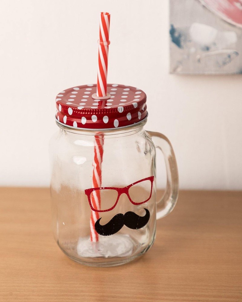 Mason Jar, with Straw & Lid, Red, Glass, 450 mL - Market 99 – MARKET 99