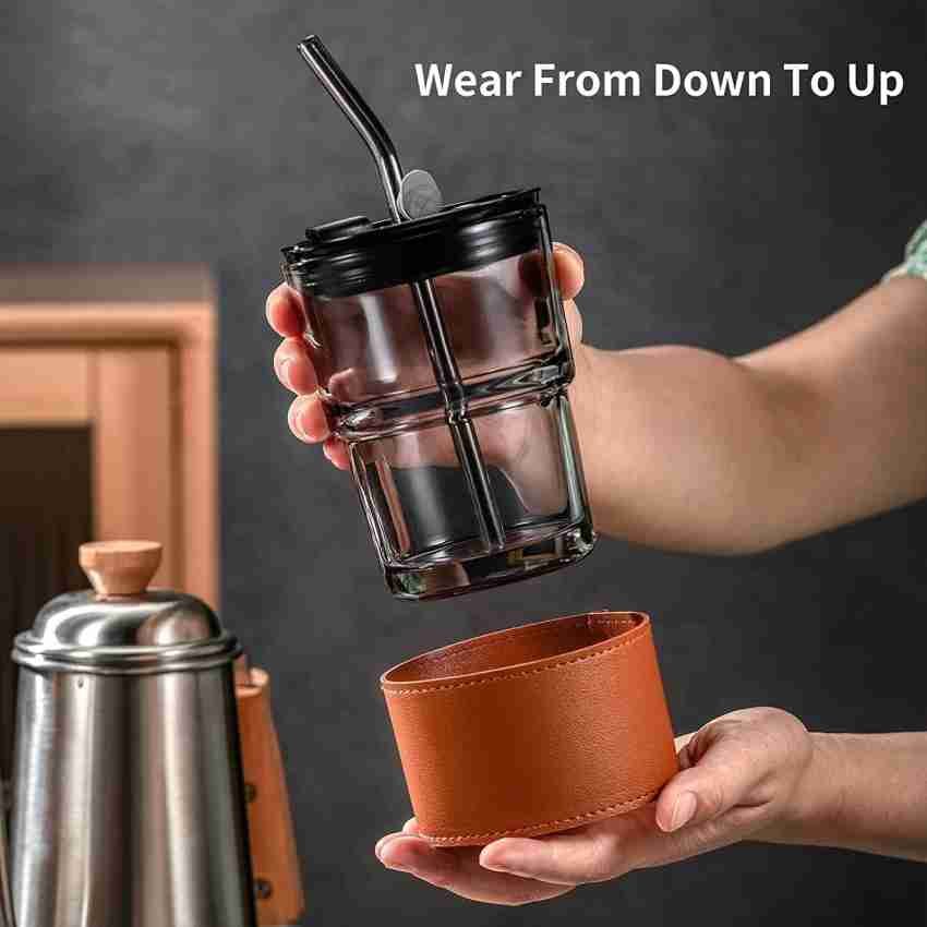 1pc Portable Glass Coffee Cup With Lid, Straw, For Hot Or Cold Beverages  Such As Iced Americano, Latte For Office Use