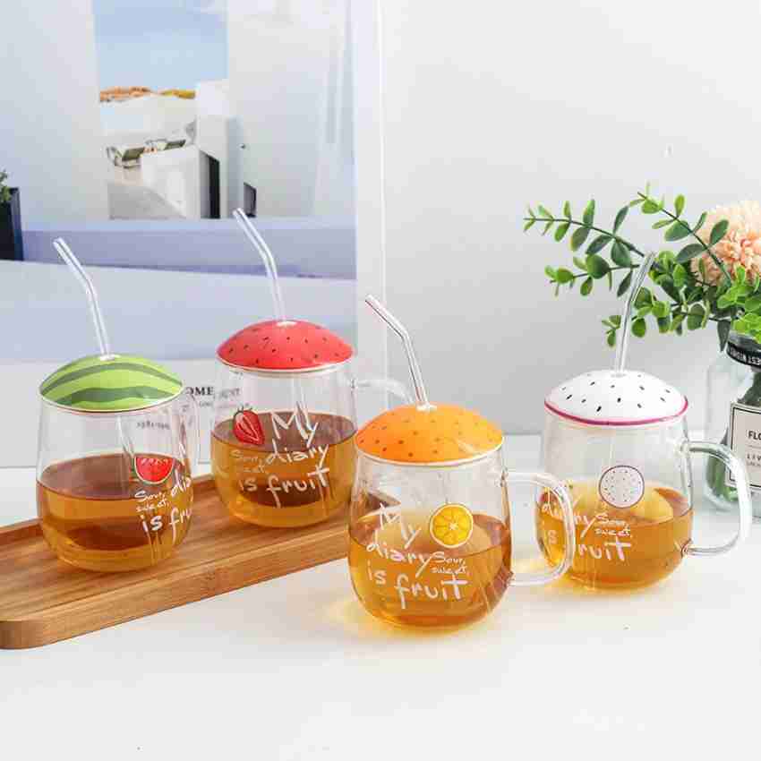 Cute Fruity Mug Glass Mug with Spoon and Wood Lid 