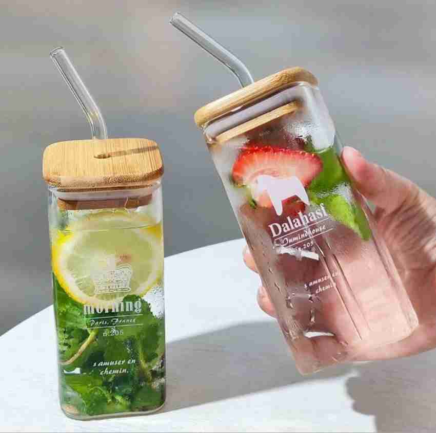 Buy Giyanza Drinking Glasses with Lids and Glass Straw - 400ml Can