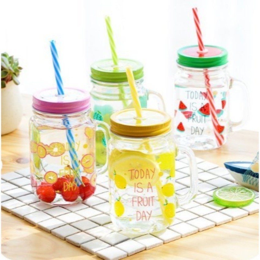 4pcs Transparent Colored Mason Jar Cups With Lid And Straw For