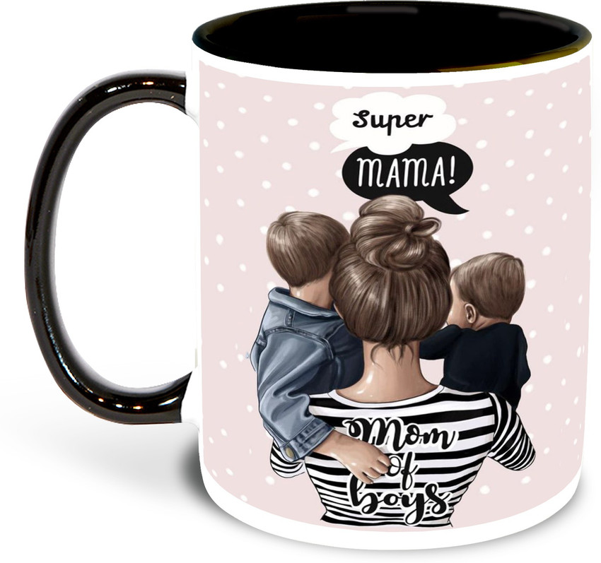 giftos Super Mama mom of boys Printed Ceramic Black Inner Color