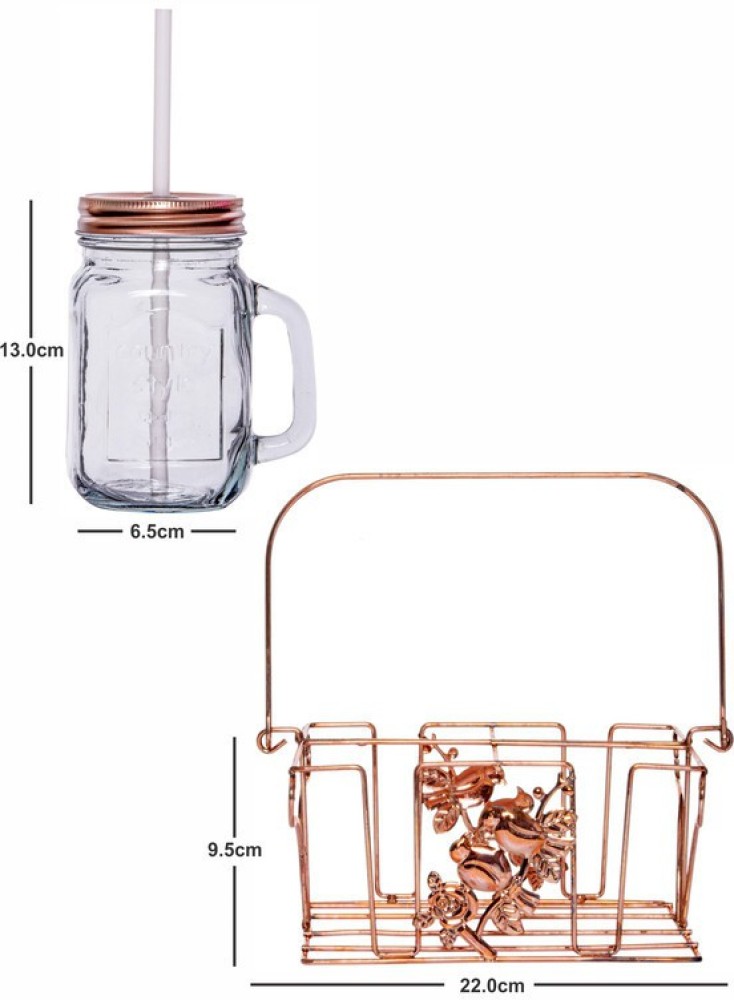 White Gold Glass Mason Jar With Metal Lid & Wooden Rack (Set Of