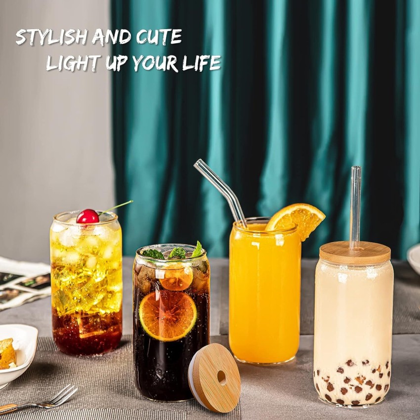 Square Cute Glass Cup With Bamboo Lid And Straw, Drinking Glasses