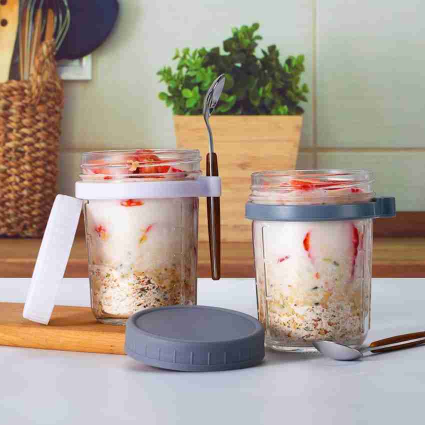 1pc 350ml Glass Mason Jar With Spoon & Lid For Overnight Oats