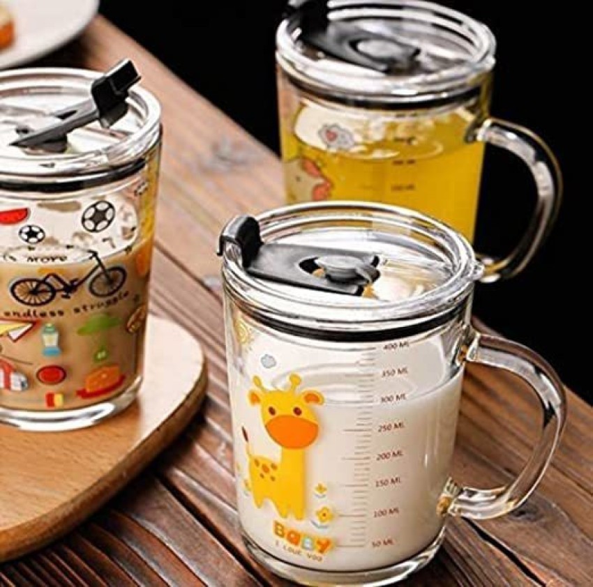 Glass Sipper Cup with Straw and Lid Random Design Cartoon Pattern Drinking  Measuring Glass Mug/Cup