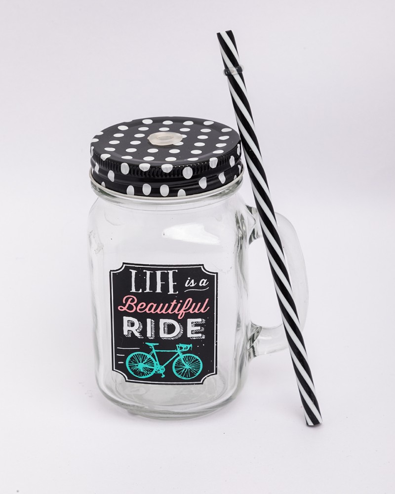 Mason Jar, with Straw & Lid, Blue, Glass, 450 mL - Market 99