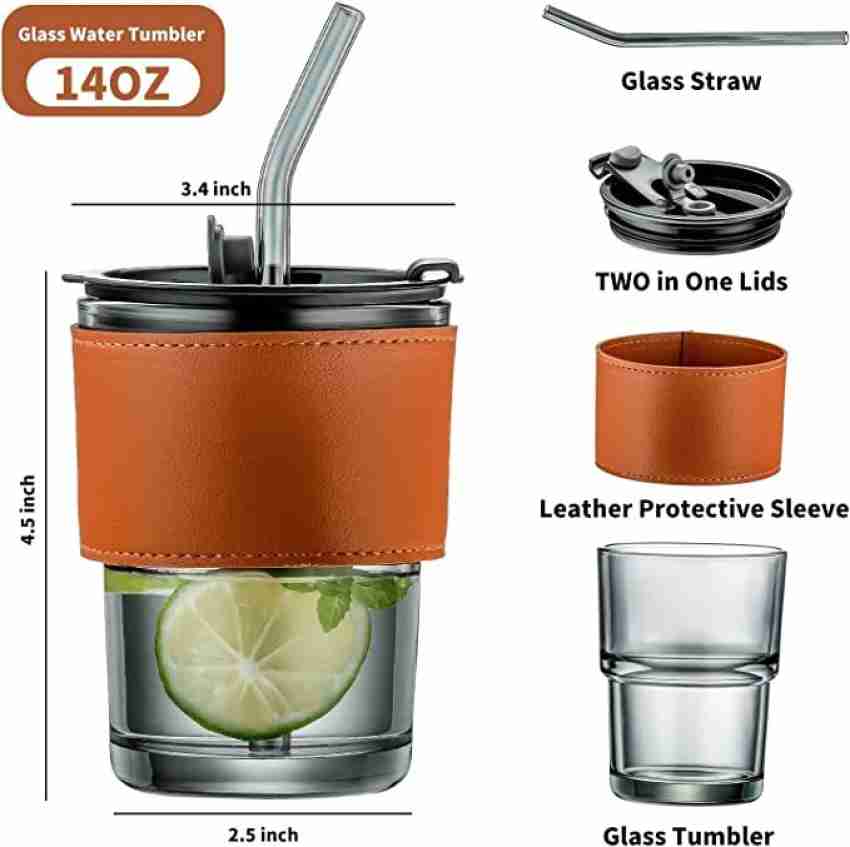 1pc Gray Black Glass Cup With Straw, Leather Cover And Lid, 350ml/450ml