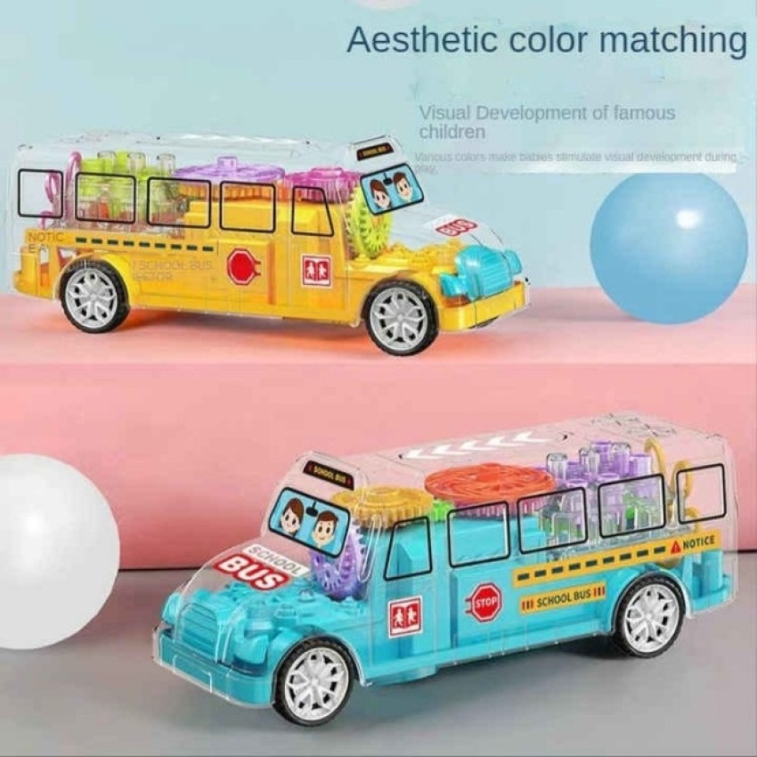 KOKEE TOYS Transparent Gear School Bus Toy for Kids with 3D Light 