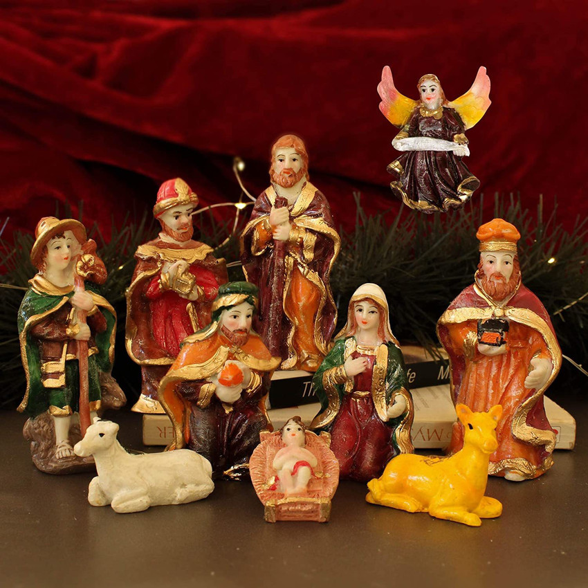 TIED RIBBONS Resin Christmas Crib Nativity Set Baby Jesus for Decoration Christmas Gifts Christmas Decorations for Home Standard Size Multicolor 10 Piece Decorative Showpiece 9 cm Price in India
