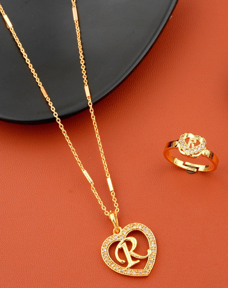 Vraj india R name letter Gold plated stylish necklace pendant chain with ring for girls Beads Gold plated Plated Metal Alloy Chain Price in India Buy Vraj india R name letter Gold plated stylish