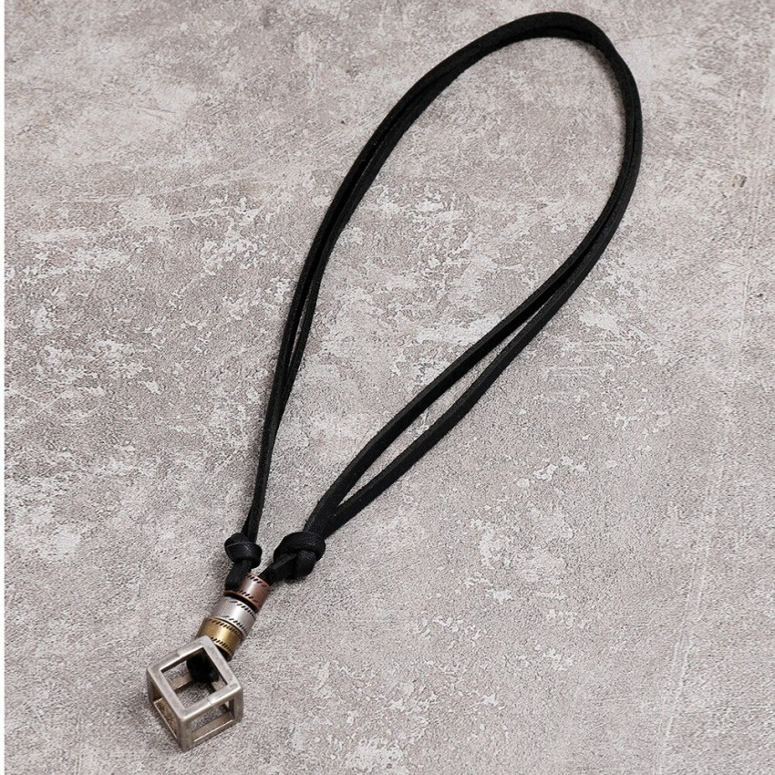 The Men Thing Alloy Cubical Pendant With Adjustable Pure Black Leather Cord Necklace For Men'S Alloy Necklace