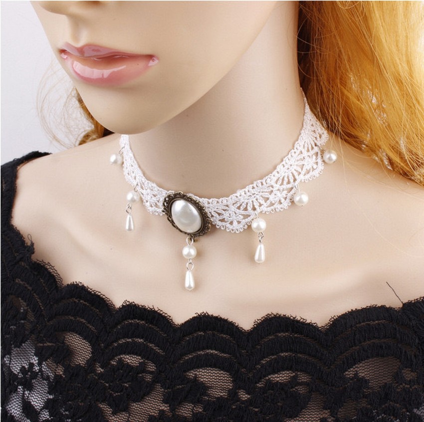 White Lace Choker with Pearls