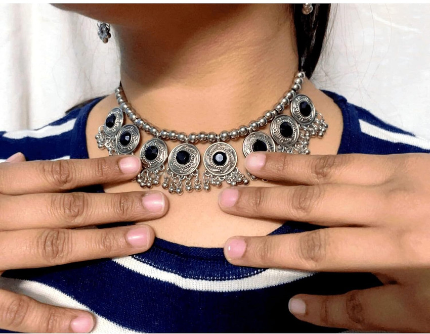 KARNIKA Stylish Oxidized Black Kundan Choker Necklace With Earrings For Girls Women Beads Crystal Rhodium Plated Brass Metal Oxidised Silver Dori Sterling Silver Glass Alloy Choker Price in India Buy
