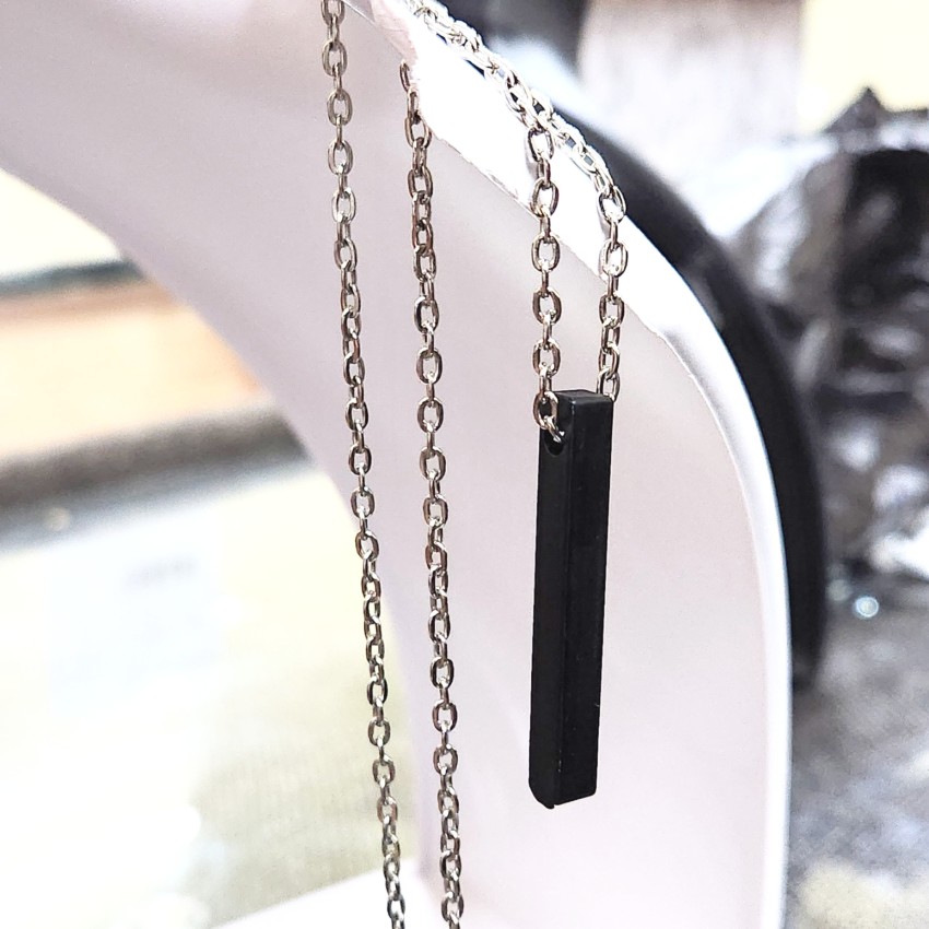 3D Cuboid Vertical Bar/Stick Stainless Steel Black Silver Locket Pendant  Necklace Chain For Boys and Men