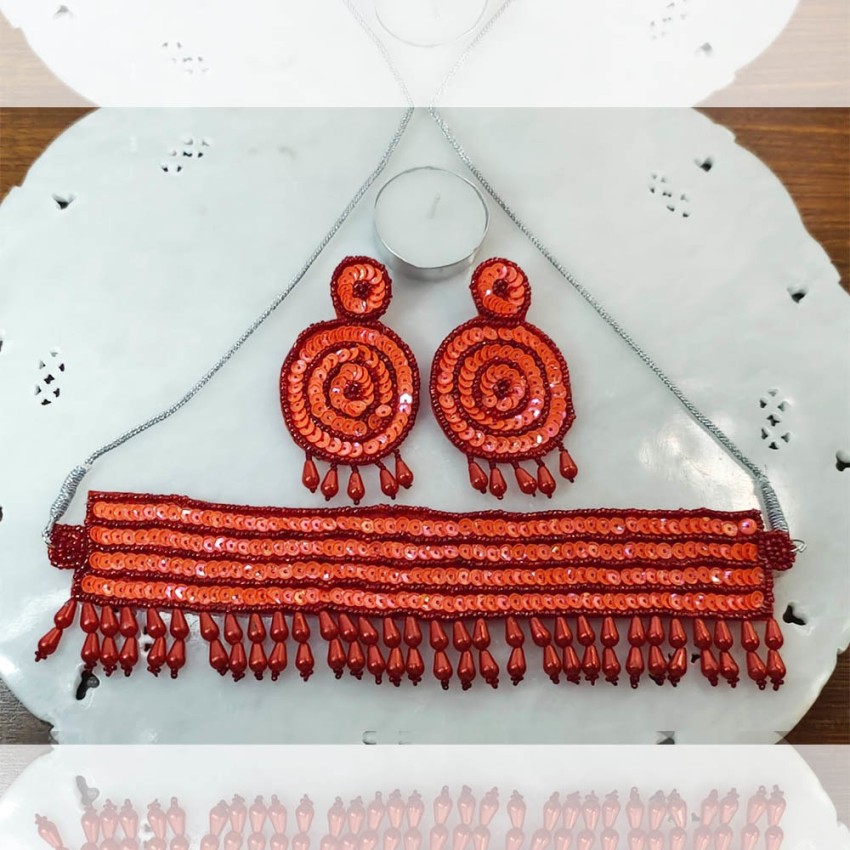 ART SUNDARI Pink Sequence Band Handmade Embroidery Beads Choker Necklace  and Earring Set Beads Fabric Necklace Set Price in India - Buy ART SUNDARI  Pink Sequence Band Handmade Embroidery Beads Choker Necklace