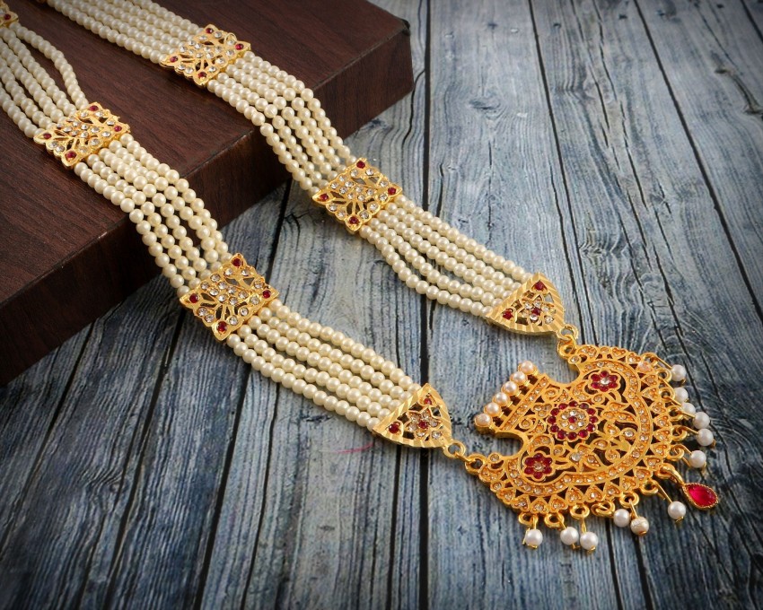 Kundan Necklace Jewelry Set Gold Pearl Long Necklace CZ 