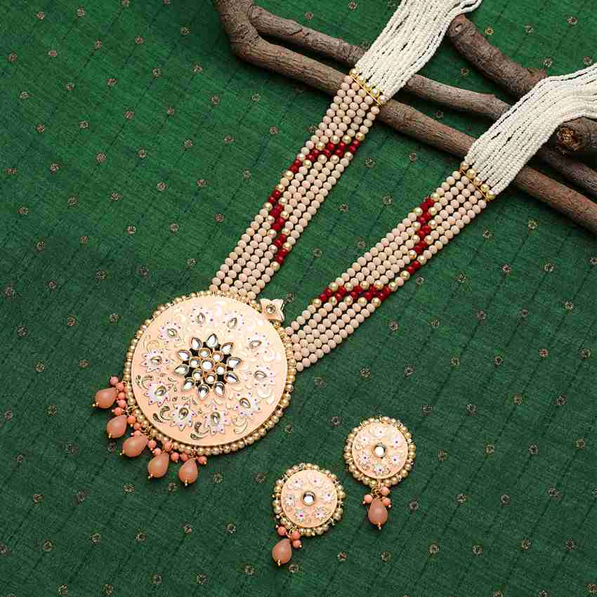 Steorra Jewels Peach Gold Plated Long Ranihaar Kundan Necklace Set for Women Pearl Gold plated Plated Alloy Necklace Set Price in India Buy Steorra Jewels Peach Gold Plated Long Ranihaar Kundan Neckla...