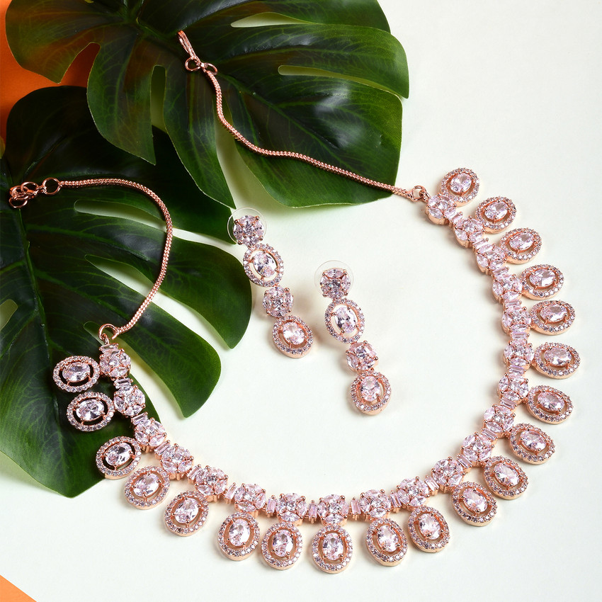 Steorra Jewels American Diamond Jewellery Gold Plated Necklace Set with Earrings for Women Alloy Choker Price in India Buy Steorra Jewels American Diamond Jewellery Gold Plated Necklace Set with Earri...