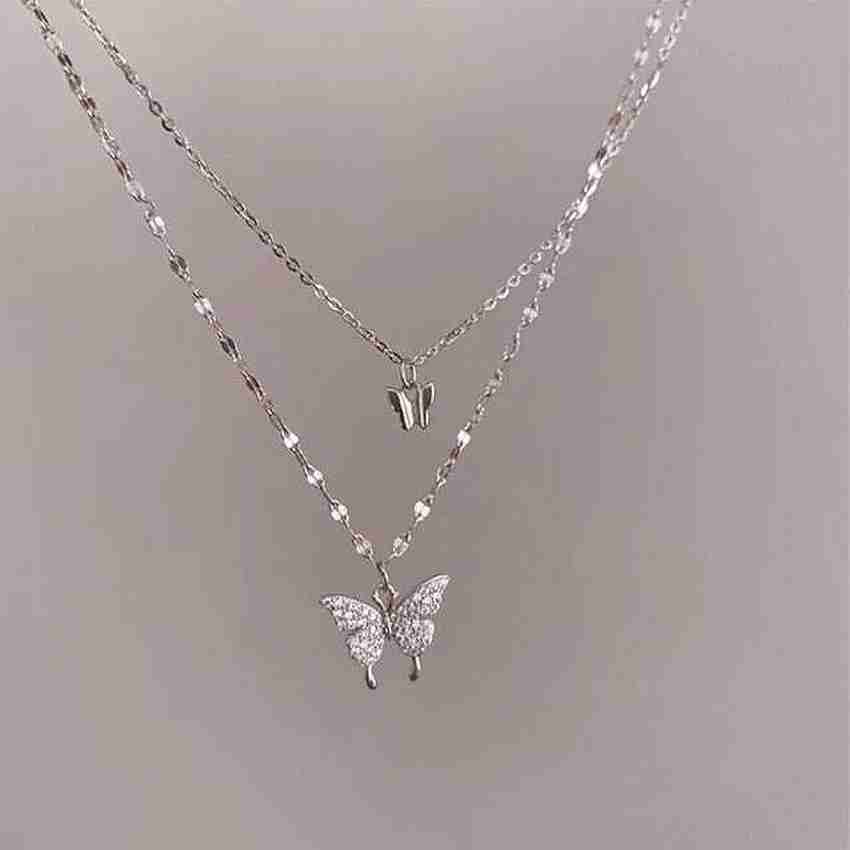 darpan Beautiful Double Layer Butterfly Neckchain Zircon Silver