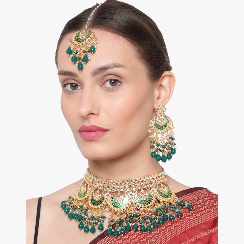 Green Colour Meenakari Choker Necklace Set for Lehenga by FashionCrab