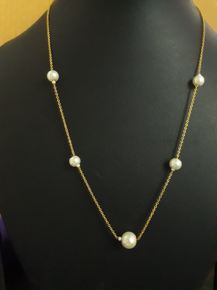 Utopia Fully Iced White Pearl Beaded Necklace Chain - White Gold 45cm