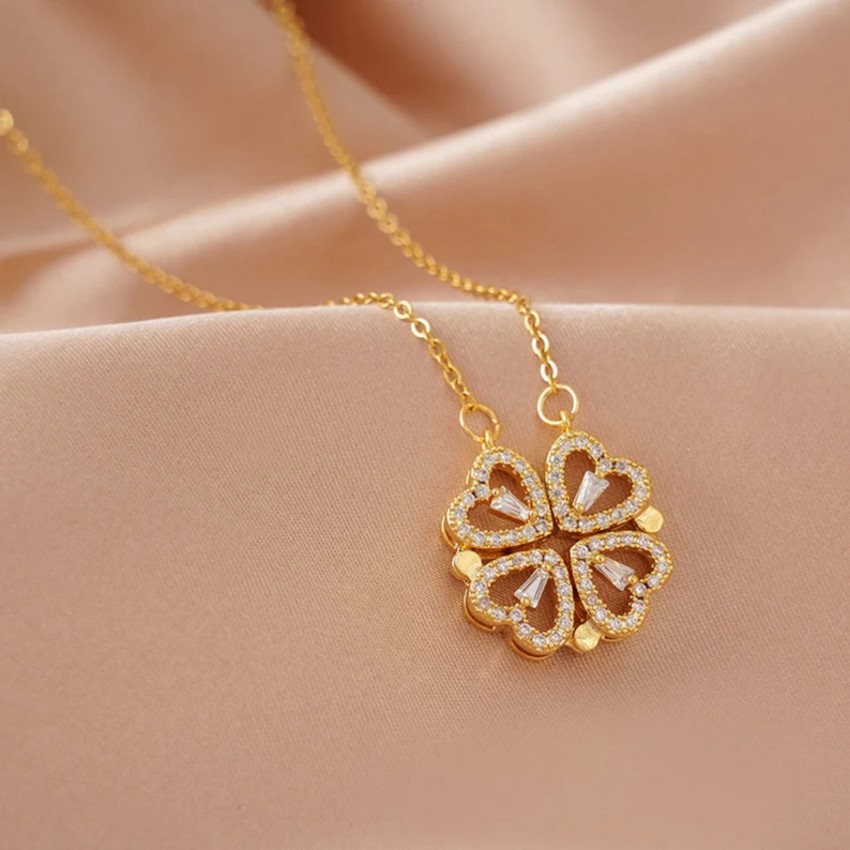 Fashion 14k Gold Plated Love Heart Shaped Clover Magnetic Pendant Necklace