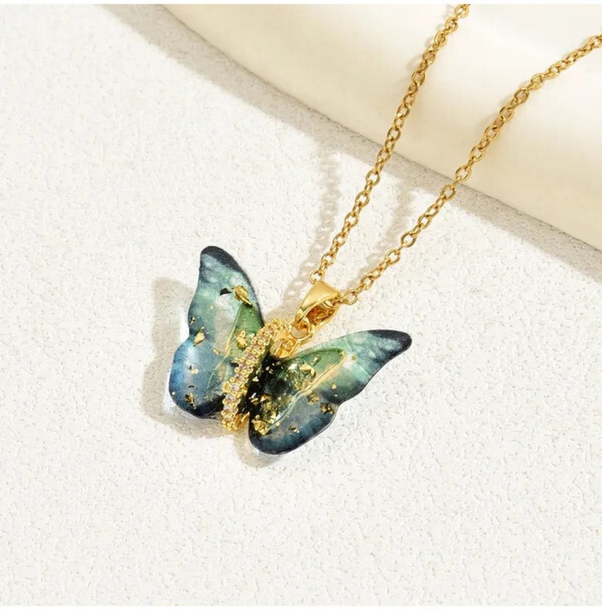 Salty Stainless Steel Vibrant Blue Golden Winged Beauty Necklace