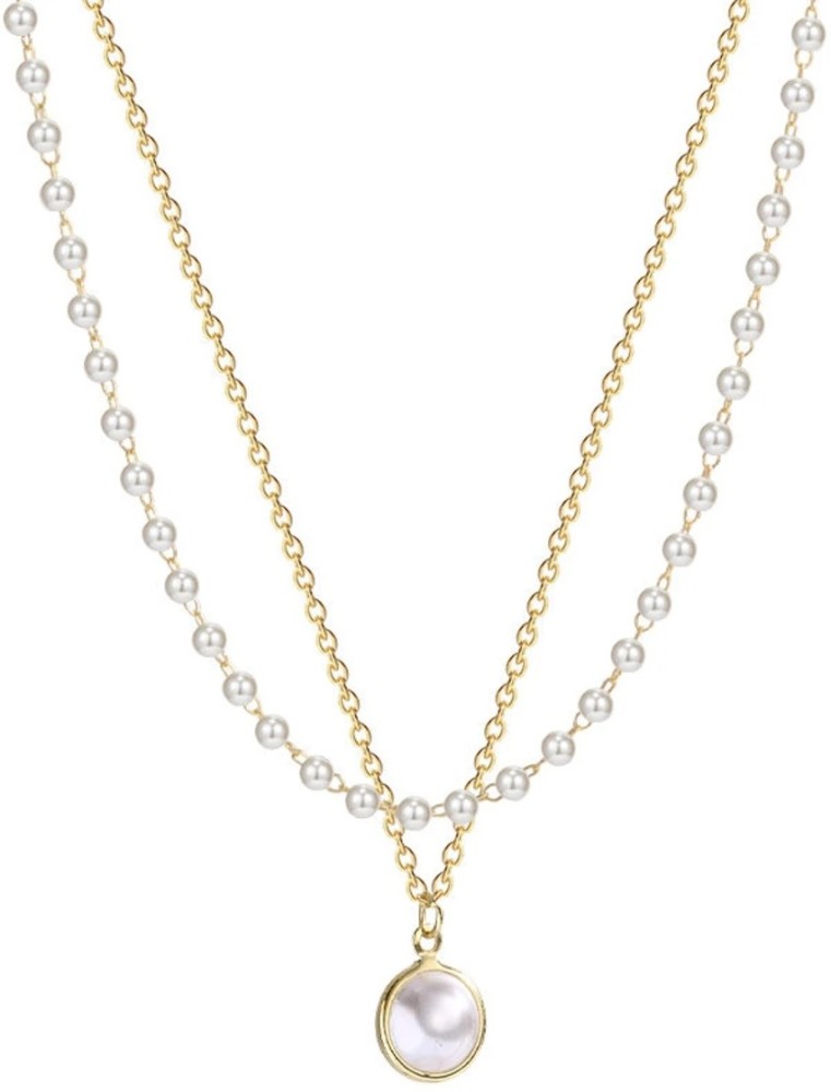 OOMPH Gold Link Chain Lock & Beads Multi Layer Necklaces for Women - Set of 2