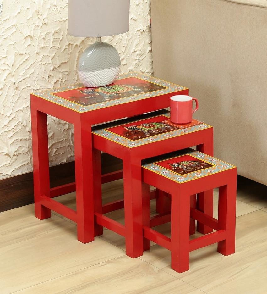 Marusthalee Wooden Handpainted Nesting Tables Solid Wood Nesting