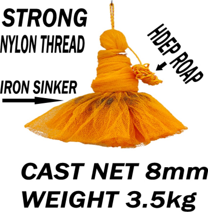PURKAIT FISHNET Hand throwing cast net 8mm 3.5kg 10ft height 44ft round  with iron sinker. Fishing Net