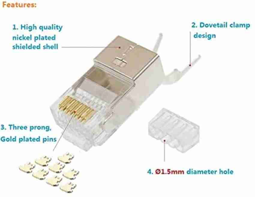 TECH-X RJ45 Cat7 & Cat6A Crimping Connectors plug, 50U Nickel Plated 3  Prong Shielded FTP/STP External Ground for 23 AWG (0.573mm) Network Cable