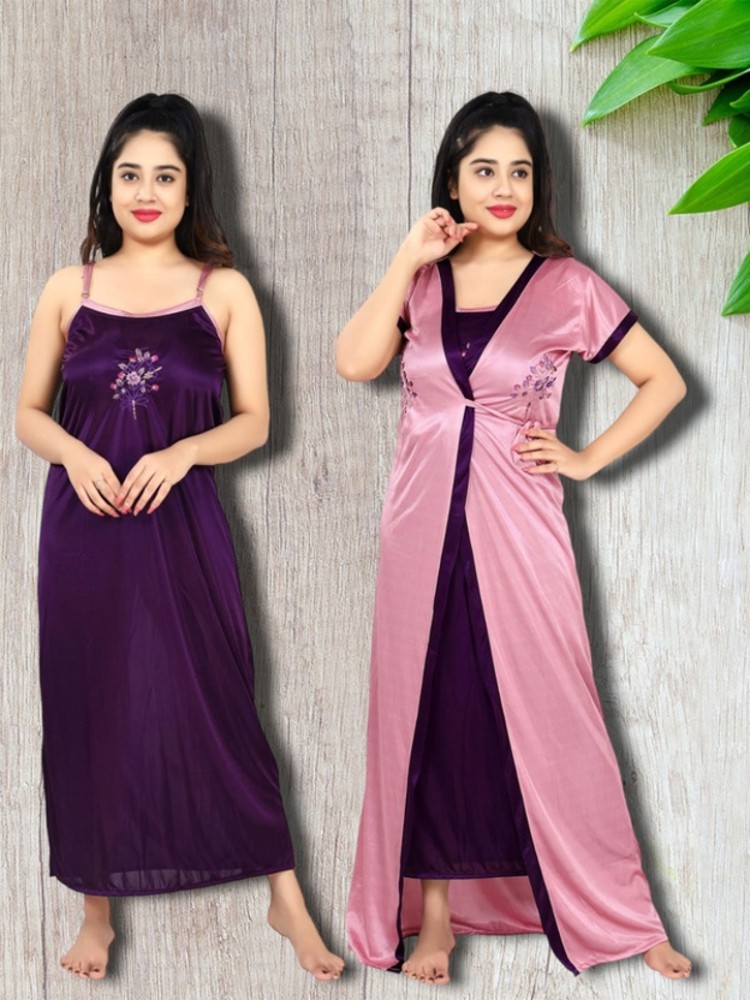 Buy BAILEY SELLS Women Light Green Solid Satin Nighty with Robe - Free Size  (Pack of 2) | Free Size Nighties | Purple Nighties | Satin Nighties 