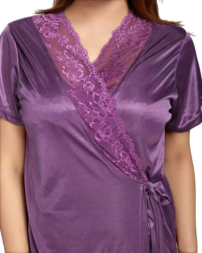 Two Part Satin Solid Dhoti Kurta Women Nighty Set Sleepware Dress Nighty  Shirt Ladies Langery PURPLE- MY SHOPEE