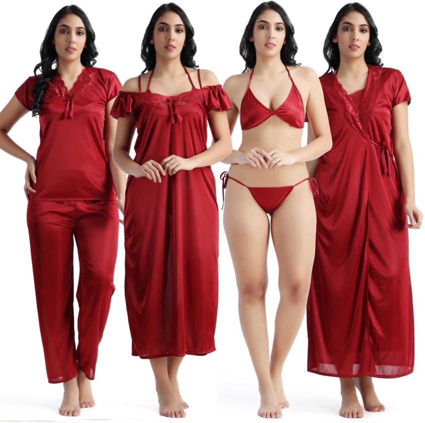 Georgette Sleepwear Night Dress With Panty For women - Maroon - ND-62