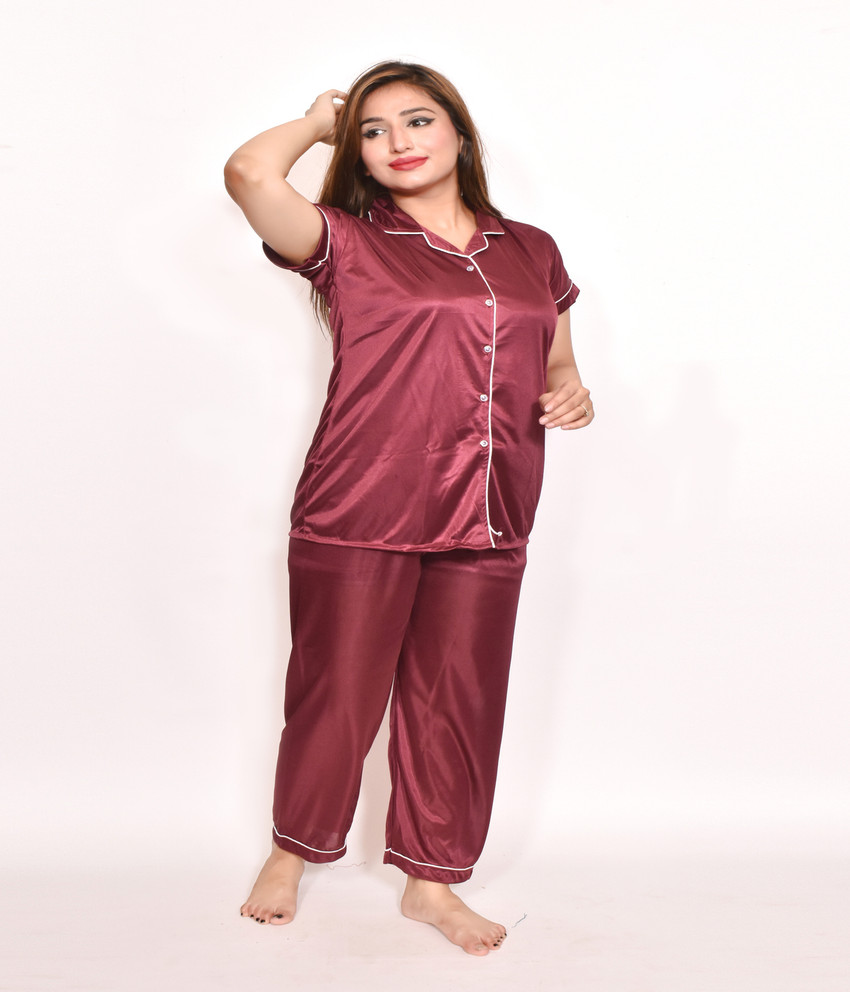 Ansh Collection Women Solid Purple Night Suit Set Price in India