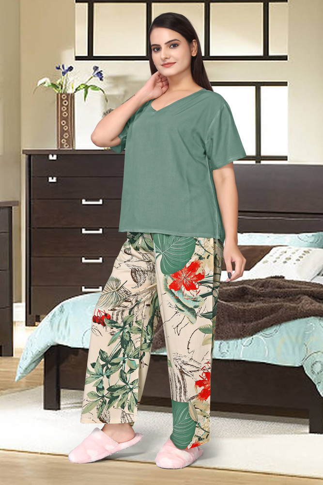 TRITANTU Women Printed Green Beige Top Pyjama Set Price in